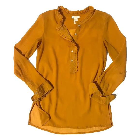 H&M gorgeous ruffled half button chiffon/crepe blouse in marigold/mustard. Sz XS - Picture 2 of 16